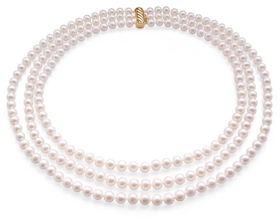 3-Row 6-7mm Round Pearl Necklace 16, 18, 20 inches 14K Clasp