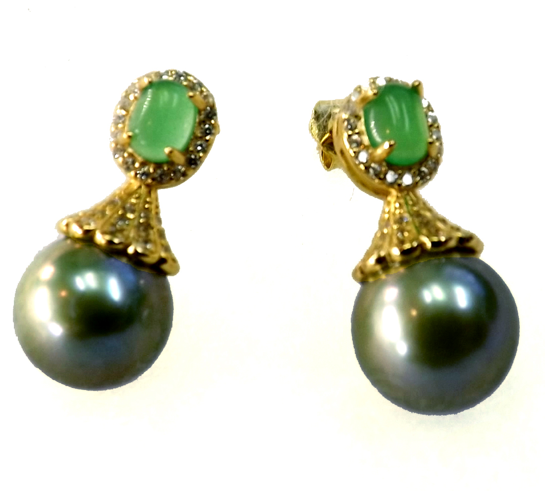 18K Yellow or White Gold Over 925 Sterling Silver Pearl Earrings with Jade
