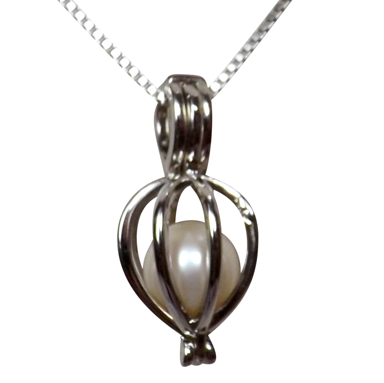 Sterling Silver Pearl Cage Pendant Necklace 