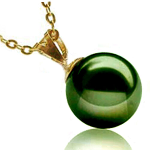 14k gold Tahitian green 10-12mm pearl pendant